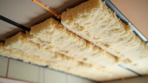 Układanie wełny na suficie podwieszanym